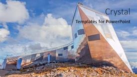  Presentation with heritage - Presentation theme featuring welterbespirale world heritage spiral viewing platform located at 2100 meters on the krippenstein of the dachstein mountains range in obertraun austria background and a light blue colored foreground