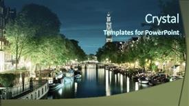  Presentation with amsterdam - PPT theme having westerkerk church tower at canal background and a ocean colored foreground