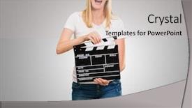  Presentation with clapper - PPT theme with pretty woman holding a clapper board against a grey background background and a soft green colored foreground