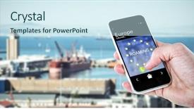  Presentation with trophy award hand holding - Beautiful PPT theme featuring western union - cropped hand holding phone backdrop and a  colored foreground