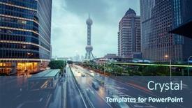  Presentation with financial center - Presentation theme featuring wet-road-in-shanghai-lujiazui background and a ocean colored foreground