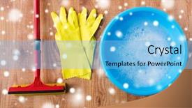  Presentation with rubber gloves - Slide deck featuring wet scrubbers - cleaning stuff housework housekeeping background and a light blue colored foreground