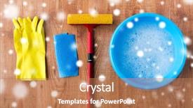  Presentation with rubber gloves - Theme having wet scrubbers - housework housekeeping and household concept background and a coral colored foreground