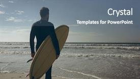  Presentation with rear view of bodyguard - Beautiful slide deck featuring wet suit with a surfboard backdrop and a ocean colored foreground