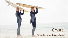  Presentation with senior couple - Colorful slides enhanced with wetsuit carrying surfboard over head backdrop and a sky blue colored foreground