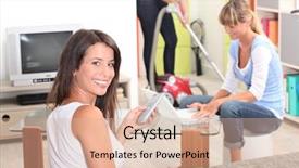  Presentation with computer - Colorful PPT theme enhanced with one woman watching tv a woman doing computer and someone vacuuming backdrop and a coral colored foreground