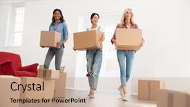  Presentation with elementary school female career day - Presentation theme enhanced with mate - three female friends carrying boxes background and a coral colored foreground