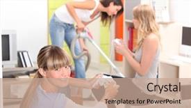  Presentation with video games playing - Theme enhanced with daily chore cleaning - woman vacuuming and two women background and a coral colored foreground