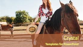  Presentation with horse riding - PPT layouts enhanced with wheat breeding - smiling attrative young woman cowgirl background and a  colored foreground