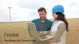  Presentation with wind turbines - Theme featuring report observations - farmer and engineer in wheat background and a coral colored foreground