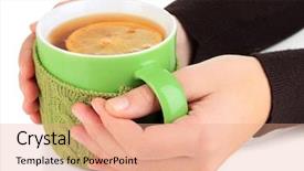  Presentation with female - Slide deck enhanced with wheather - cup with knitted thing background and a  colored foreground