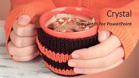  Presentation with female - Presentation design featuring wheather - cup with knitted thing background and a  colored foreground