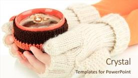  Presentation with female - Audience pleasing PPT theme consisting of wheather - cup with knitted thing backdrop and a  colored foreground