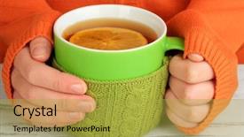  Presentation with wooden - Theme featuring wheather - cups with knitted things background and a yellow colored foreground