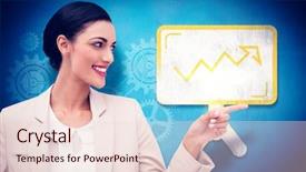  Presentation with white pigeon against the blue - PPT theme having wheel chart - smiling businesswoman pointing against blue background and a lemonade colored foreground