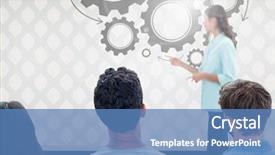  Presentation with composite - Amazing PPT layouts having wheel graphics and woman speaker backdrop and a teal colored foreground