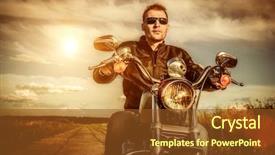  Presentation with man riding big bike motor - Colorful presentation enhanced with wheel life - biker man wearing a leather backdrop and a tawny brown colored foreground