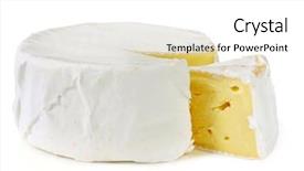  Presentation with rich - Slides having wheel of rich creamy brie cheese with a wedge cut out isolated on white background and a white colored foreground