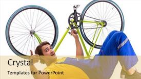  Presentation with old big bike on white - PPT layouts featuring repair gears - man repairing his bike isolated background and a yellow colored foreground