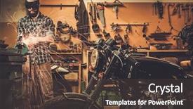  Presentation with vintage motorcycle - Colorful PPT layouts enhanced with vintage 60 s - mechanic doing lathe works backdrop and a tawny brown colored foreground