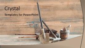  Presentation with wooden - Theme with wheelbarrow - shovel rake and bucket background and a coral colored foreground