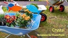  Presentation with paper quilling colorful paper flowers - Audience pleasing theme consisting of wheelbarrow full of colorful flowers backdrop and a tawny brown colored foreground