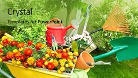  Presentation with gardening tools on fertile soil - PPT theme with wheelbarrow-with-gardening-tools background and a yellow colored foreground