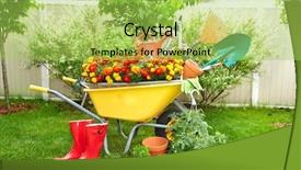  Presentation with soil shovel in the garden - Theme consisting of wheelbarrow with shovel and rake background and a  colored foreground