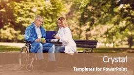  Presentation with caring - Audience pleasing slide set consisting of wheelchair checking up the history backdrop and a coral colored foreground