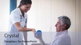  Presentation with at home senior care - PPT layouts with wheelchair lifts - female doctor assisting senior man background and a  colored foreground