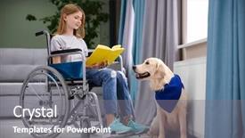  Presentation with service animal - Audience pleasing PPT layouts consisting of wheelchair reading book with service backdrop and a gray colored foreground