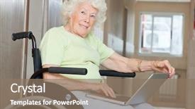  Presentation with wheelchair - Colorful presentation theme enhanced with wheelchair using laptop at hospital backdrop and a coral colored foreground