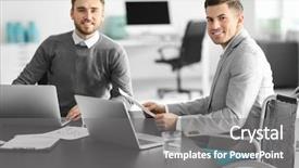  Presentation with workplace - Audience pleasing PPT theme consisting of wheelchair with colleague at workplace backdrop and a  colored foreground