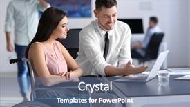  Presentation with workplace health and safety - PPT theme having wheelchair with colleague at workplace background and a ocean colored foreground