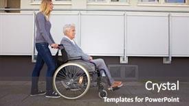  Presentation with urban - Theme consisting of wheelchair with nurse in urban background and a dark gray colored foreground