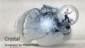  Presentation with gears - Presentation design enhanced with brain power - young businessman running in wheel background and a light gray colored foreground