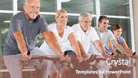  Presentation with senior fitness - Colorful presentation enhanced with wheels groups people - happy senior citizens exercising backdrop and a coral colored foreground