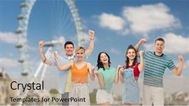  Presentation with fist pump - Cool new PPT theme with wheels groups people - travel tourism and entertainment concept backdrop and a coral colored foreground