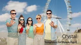  Presentation with travel friends - Amazing slide deck having wheels groups people - travel tourism and entertainment concept backdrop and a  colored foreground