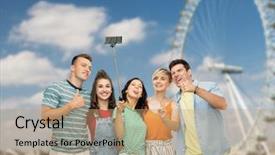  Presentation with tourism selfie - Colorful PPT layouts enhanced with wheels groups people - travel tourism and technology concept backdrop and a coral colored foreground