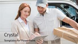  Presentation with pharmaceutical delivery - PPT layouts consisting of portrait fischeri lovebird parrot background and a yellow colored foreground.