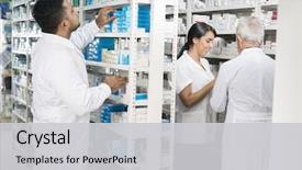  Presentation with chemist - Beautiful PPT layouts featuring while colleagues standing in pharmacy backdrop and a light gray colored foreground