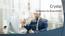  Presentation with front desk - Presentation design having while consulting clients through hotline background and a white colored foreground