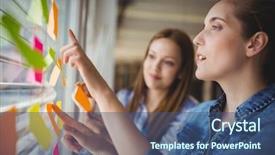  Presentation with creative - Audience pleasing PPT layouts consisting of while discussing over adhesive note backdrop and a ocean colored foreground