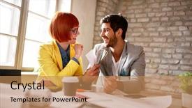  Presentation with color - Theme having while discussing with smiling colleague background and a  colored foreground