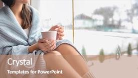  Presentation with sensuality woman black angel relaxing - Cool new PPT theme with while drinking tea near window backdrop and a  colored foreground