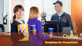  Presentation with snacks - Audience pleasing presentation consisting of portrait of happy woman holding snacks while friend buying movie tickets from male seller at box office backdrop and a tawny brown colored foreground