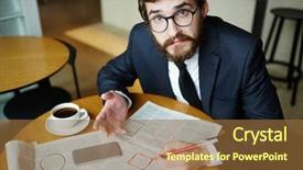  Presentation with man looking up happy - Colorful slide set enhanced with while highlighting curious vacancy advert backdrop and a tawny brown colored foreground