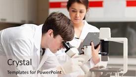  Presentation with microscope - Beautiful presentation featuring while his colleague is writing backdrop and a soft green colored foreground