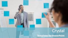  Presentation with smartphone - Presentation theme having while his colleague sticking notepaper background and a light blue colored foreground